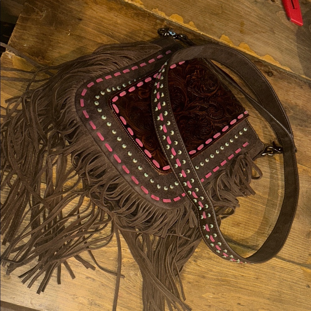 Trinity Ranch Brown and Pink Fringed Crossbody *CC*